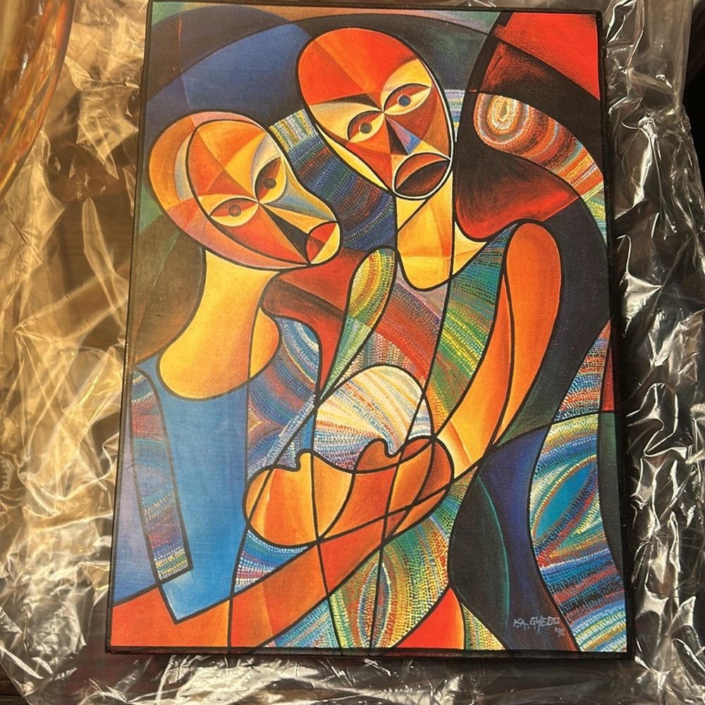 Abstract Colorful Family Blue Orange Red Yellow Painted on Wood Hanging Wire